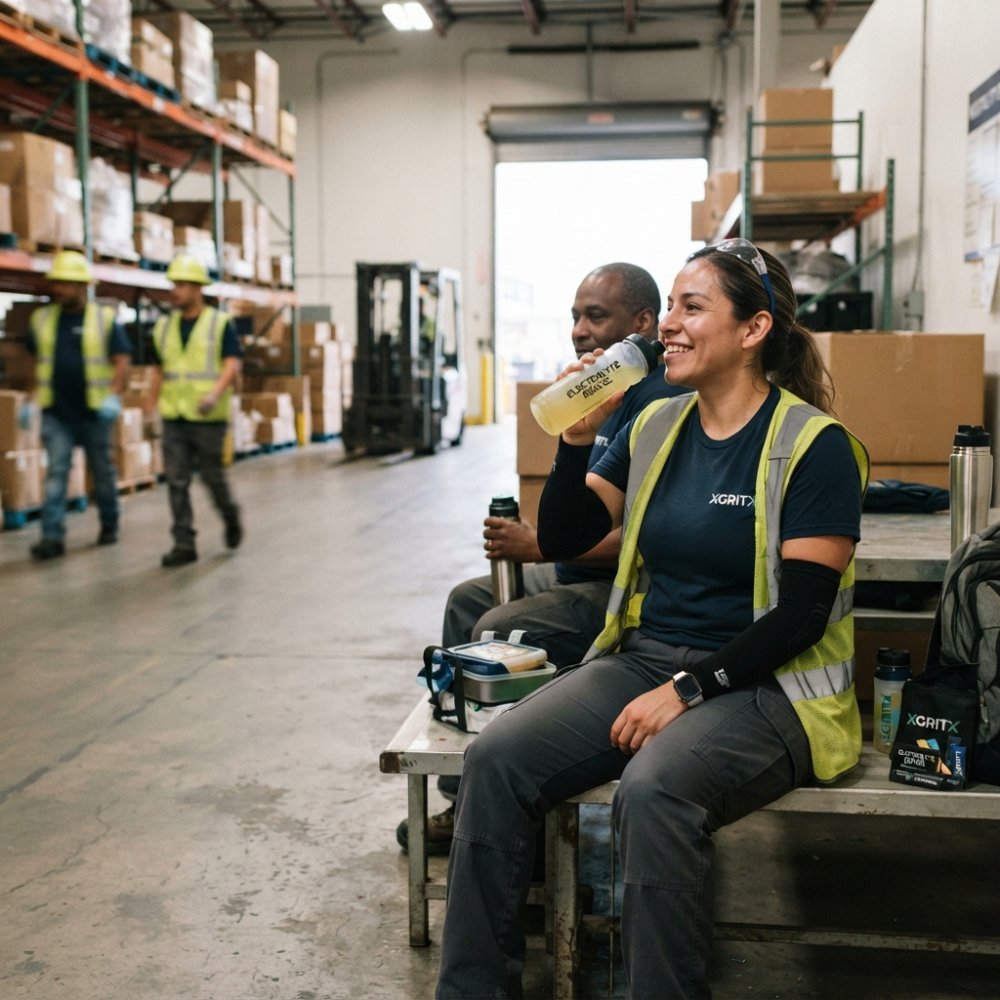 Warehouse worker using recovery gear for 12-hour shifts while drinking electrolytes during a break