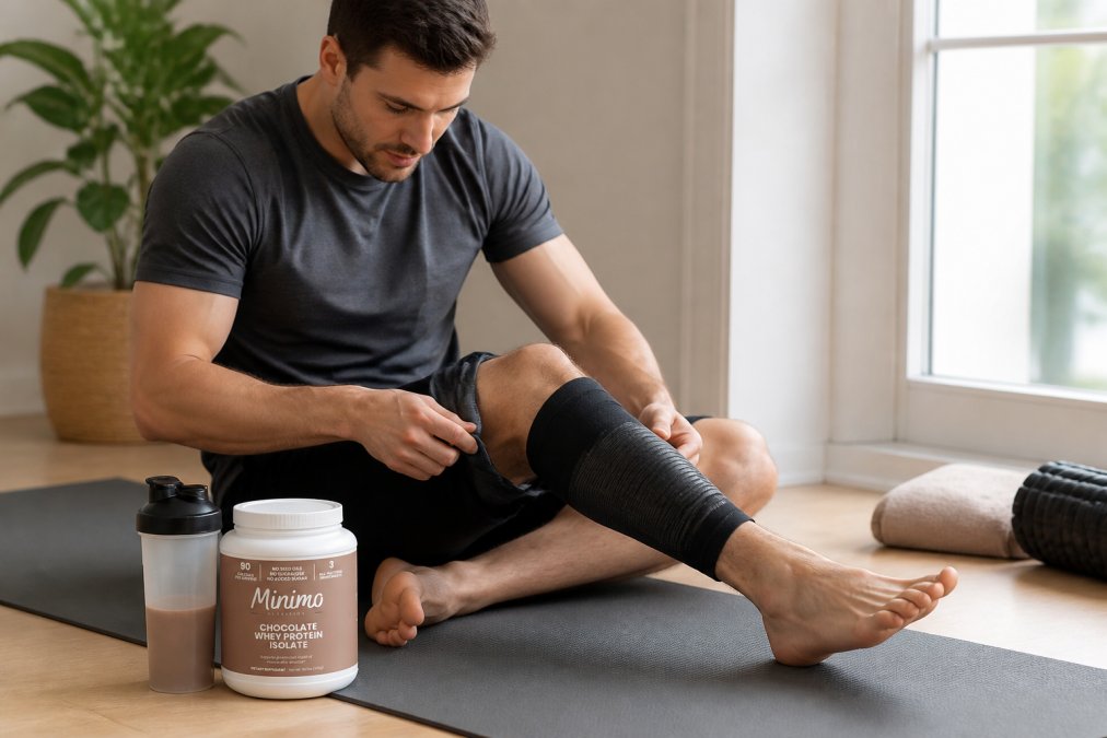 Athlete applying compression sleeve to leg after home workout, sitting on yoga mat with water bottle and recovery supplements nearby, natural window lighting