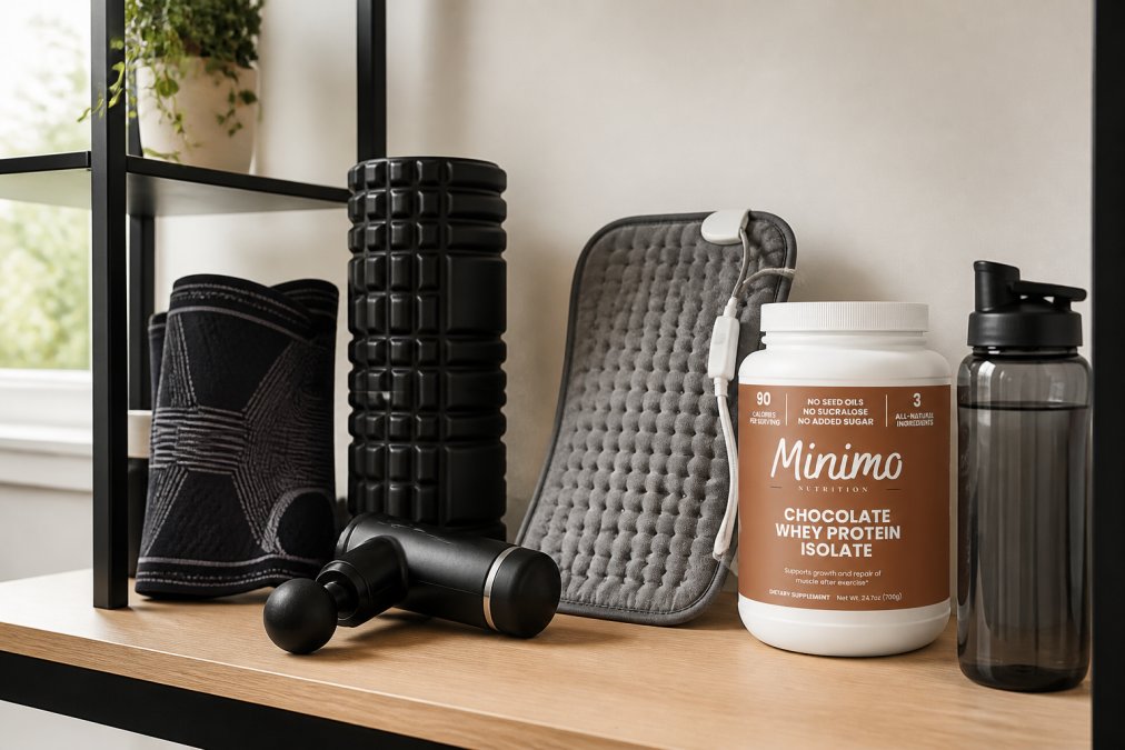 Organized home gym recovery station showing compression sleeves, foam roller, massage gun, heating pad, and protein powder arranged on shelf with water bottle, natural lighting