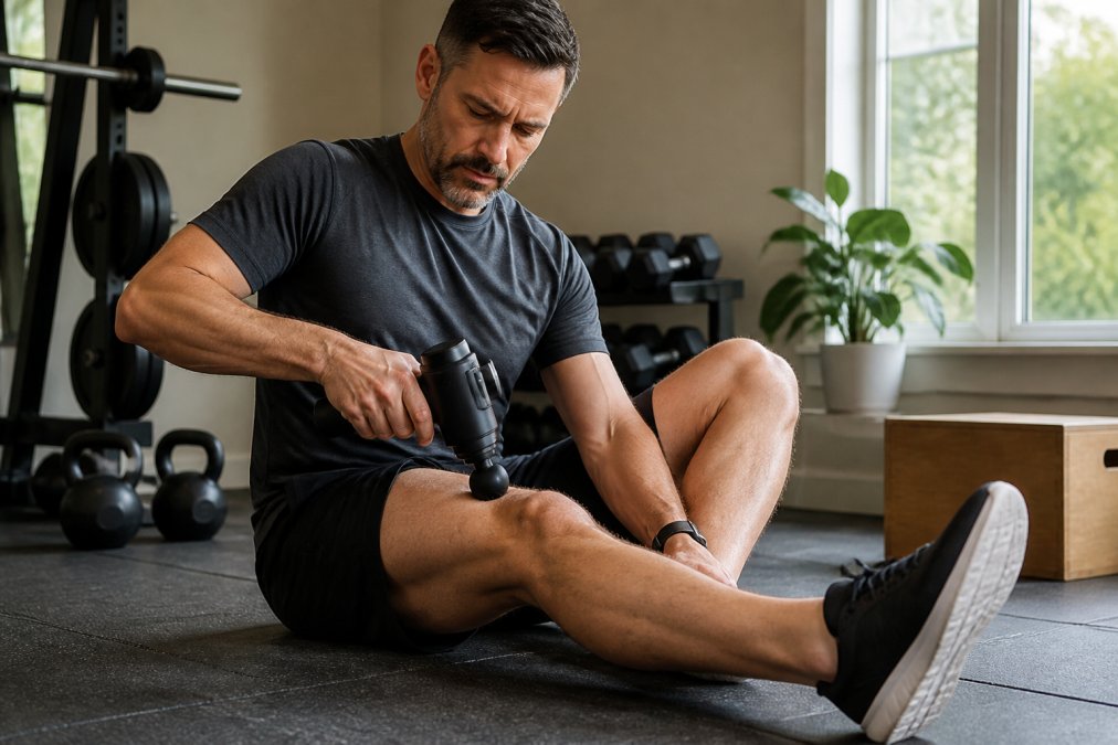 Active adult using a percussion massage gun on their leg after a workout, showing proper form and technique in a home gym setting with natural lighting