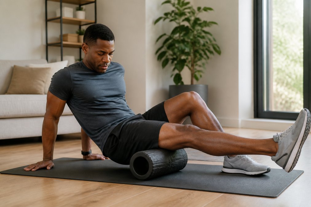 Person performing foam rolling on their quadriceps with proper posture and alignment on a yoga mat in a bright home setting