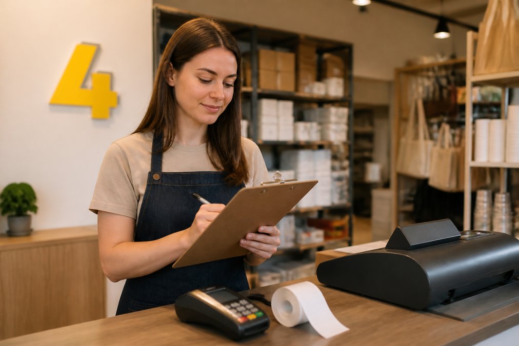 Shop owner checking off retail supplies on a clipboard at a new checkout counter