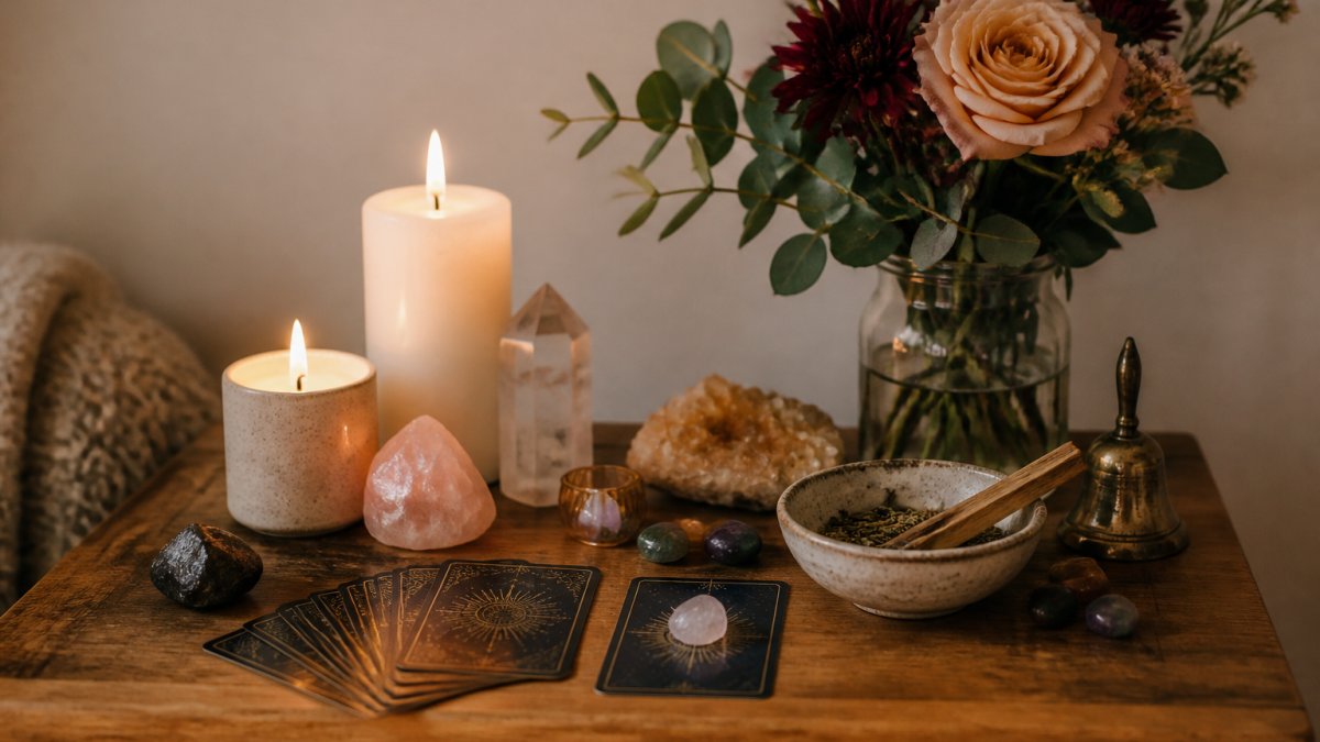 A serene home altar arranged on a small wooden table with lit candles, crystals, ritual cards, a small offering bowl, and fresh flowers against a soft neutral background