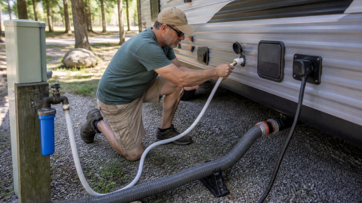 A person kneeling beside a travel trailer at a sunny campsite, connecting a white fresh-water hose to the city water inlet, with a sewer hose and electrical cord visible nearby on the ground