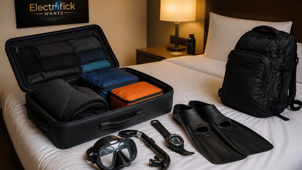 Infographic checklist of essential scuba diving equipment packed inside a traveler's open suitcase