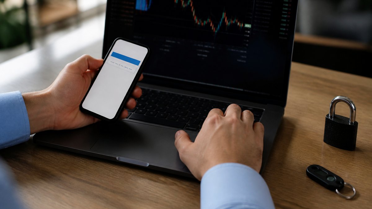 Two-factor authentication process for securing automated forex software accounts on a laptop and smartphone