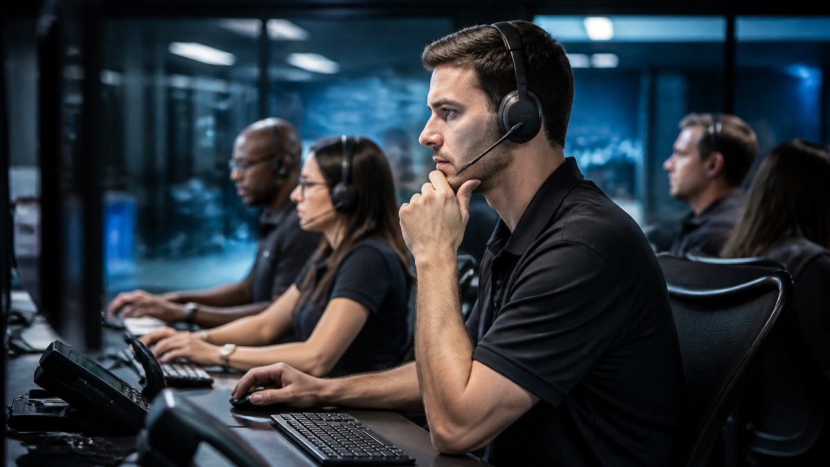 Professional IT security team monitoring multiple screens displaying real-time security dashboards, threat alerts, and network activity logs in a modern operations center with dim ambient lighting