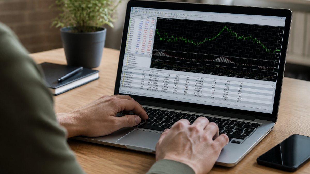 Close-up of a person's hands on a laptop keyboard, with a financial trading platform visible on the screen showing charts and market data, in a home office setting