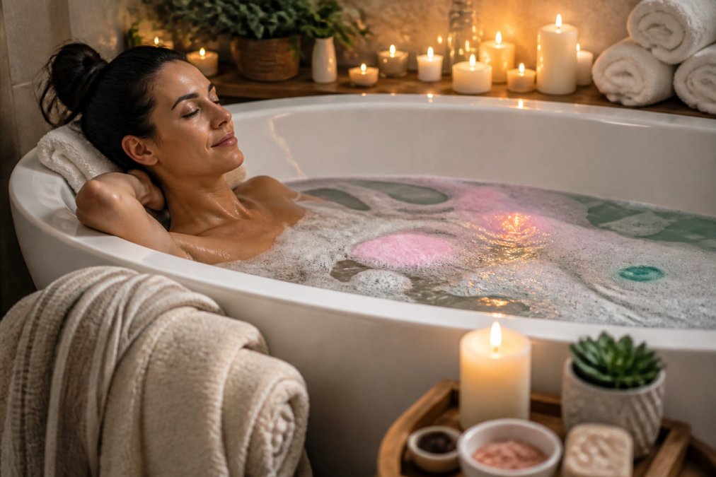 Woman relaxing in a bathtub filled with bath water, colorful bath bombs fizzing nearby, soft candlelight glowing, fluffy towels draped over the tub edge, creating a serene spa-like atmosphere