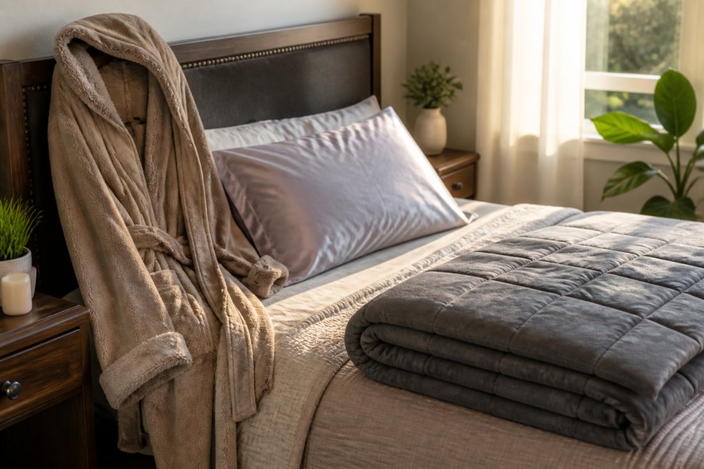 Cozy bedroom scene with a plush hooded robe draped over a bed's headboard, a silk pillowcase visible on the pillow, a weighted blanket folded at the foot of the bed, soft natural light streaming through the window