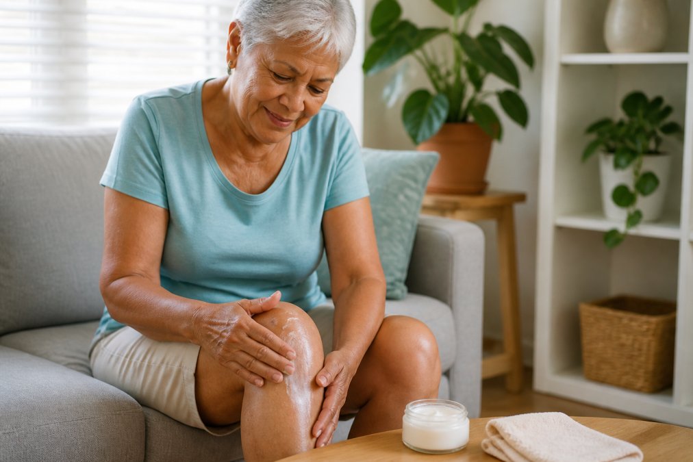 Senior adult applying pain relief cream to their knee while seated comfortably in a bright home setting, demonstrating proper application technique