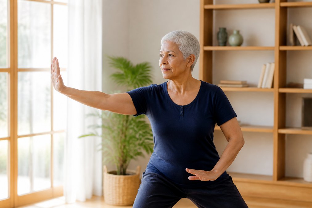 Active senior performing gentle tai chi or yoga poses in a bright home setting with natural window lighting, demonstrating balance training and low-impact movement
