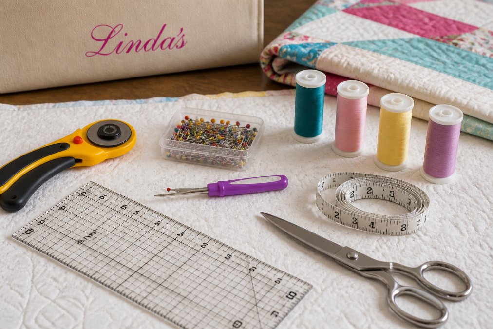 Flat lay arrangement of essential quilting notions on a quilted fabric surface including rotary cutter, acrylic ruler, seam ripper, thread spools, glass head pins, measuring tape, and fabric scissors neatly organized