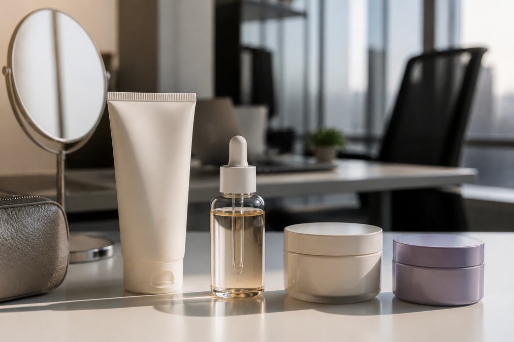 Organized collection of multi-functional skincare products on modern office desk vanity, moisturizer with SPF 30, combination serum bottle, gentle cleanser, and overnight mask, arranged in natural morning light