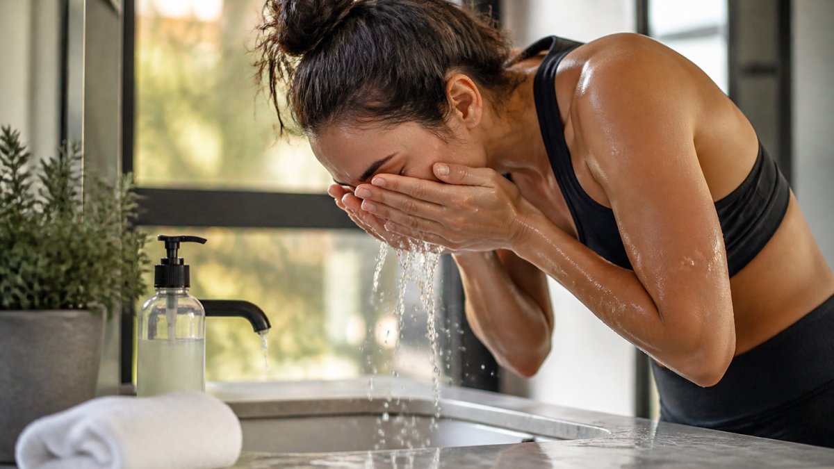 Woman in workout clothes rinsing her face with a gentle cleanser after exercise