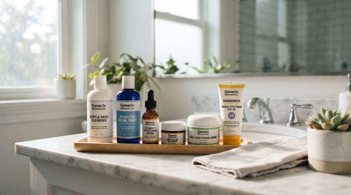 Person's bathroom counter displaying skincare products arranged in order with morning light streaming through a window, showing cleansers, serums, moisturizers, and sunscreen organized neatly from left to right