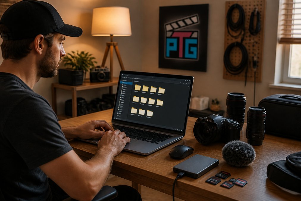 A home content creator at a desk with a laptop showing a folder-based project organization system, an external drive and labeled memory cards beside it, warm lamp light in a small studio room
