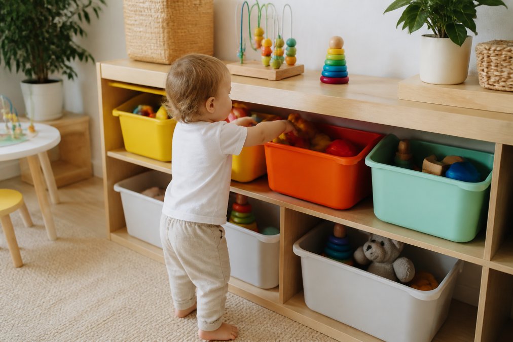 A bright, organised playroom with a toddler reaching for toys in colour-coded storage bins on low shelves, showing a clutter-free floor and accessible storage at child height