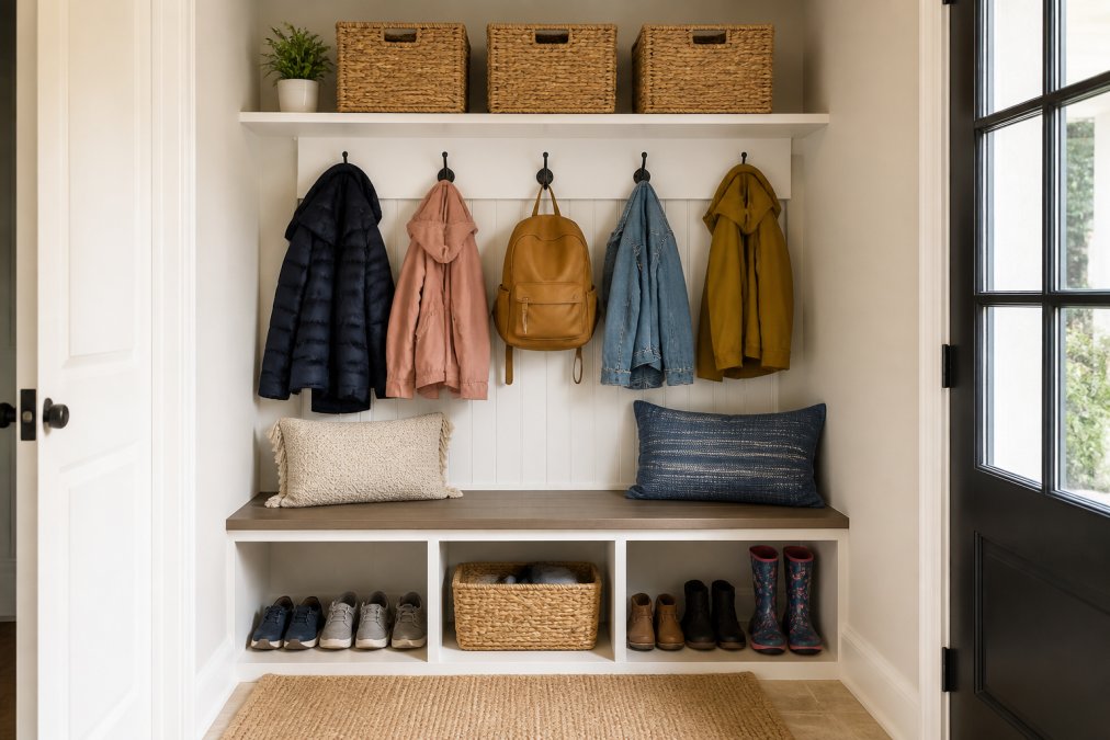 A neat entryway with wall hooks for coats, labelled baskets on a shelf, and a storage bench, showing a family-ready space with shoes, bags, and jackets organised