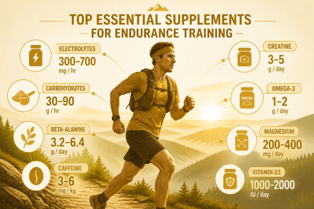 Endurance athlete mid-run on a mountain trail at sunrise, wearing a hydration pack, focused expression showing sustained effort with misty valley landscape in background