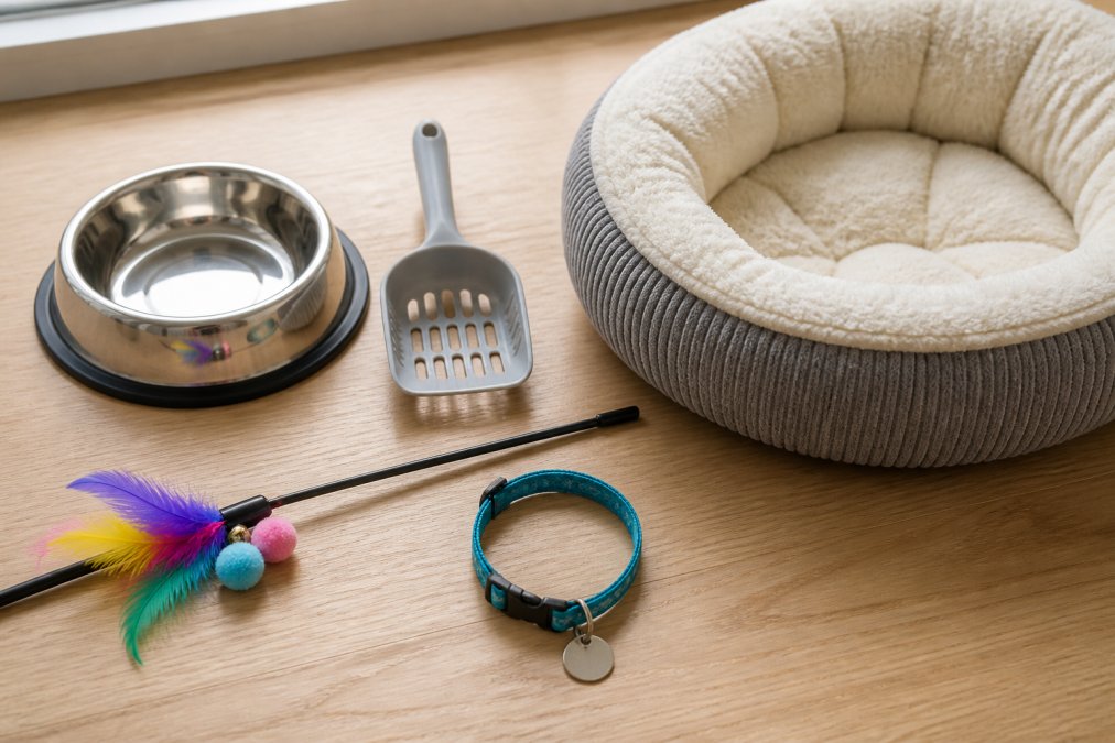 Flat-lay photo of new cat supplies arranged neatly on a light wooden surface: a stainless steel food bowl, a small litter scoop, a wand toy, a cat collar with an ID tag, and a soft cat bed, photographed in warm natural window light