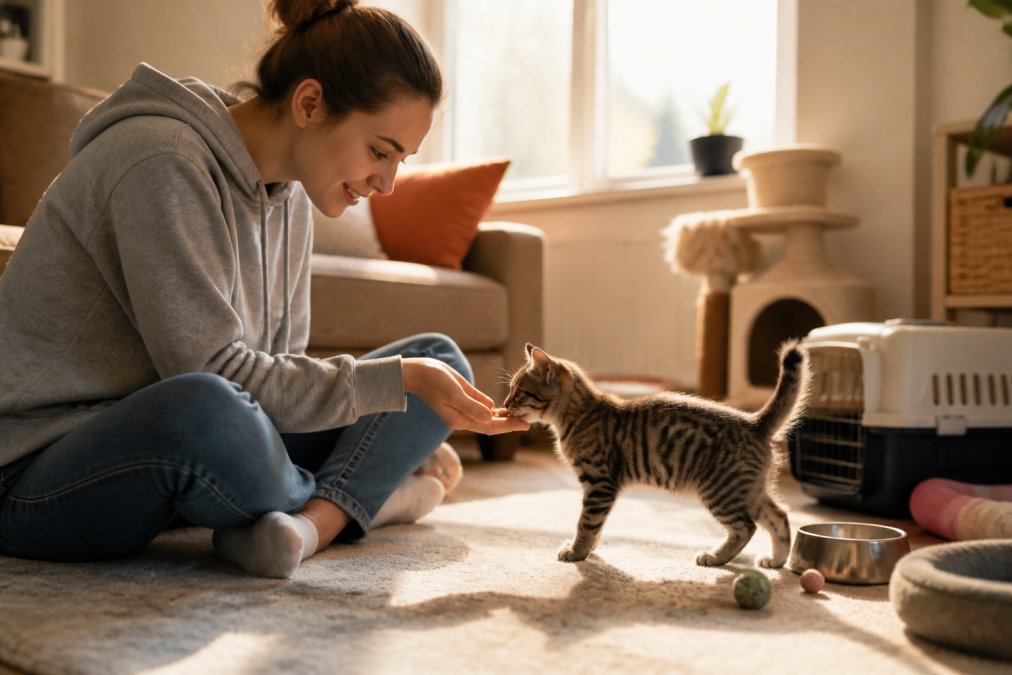 A new cat owner sitting cross-legged on the floor in a cozy living room, gently offering a small treat to a curious tabby kitten sniffing their outstretched hand, warm afternoon light coming through a window behind them