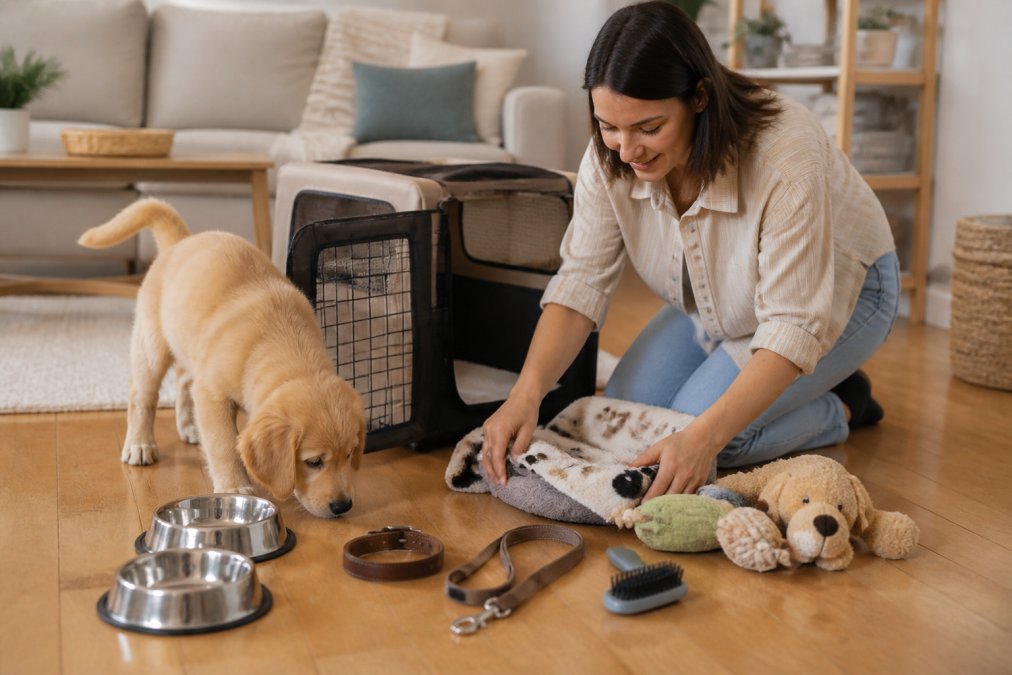 First-time puppy owner arranging essential supplies on a clean living room floor, including stainless steel food bowls, a soft crate, collar, leash, plush toys, and grooming brush, with a curious golden retriever puppy exploring nearby