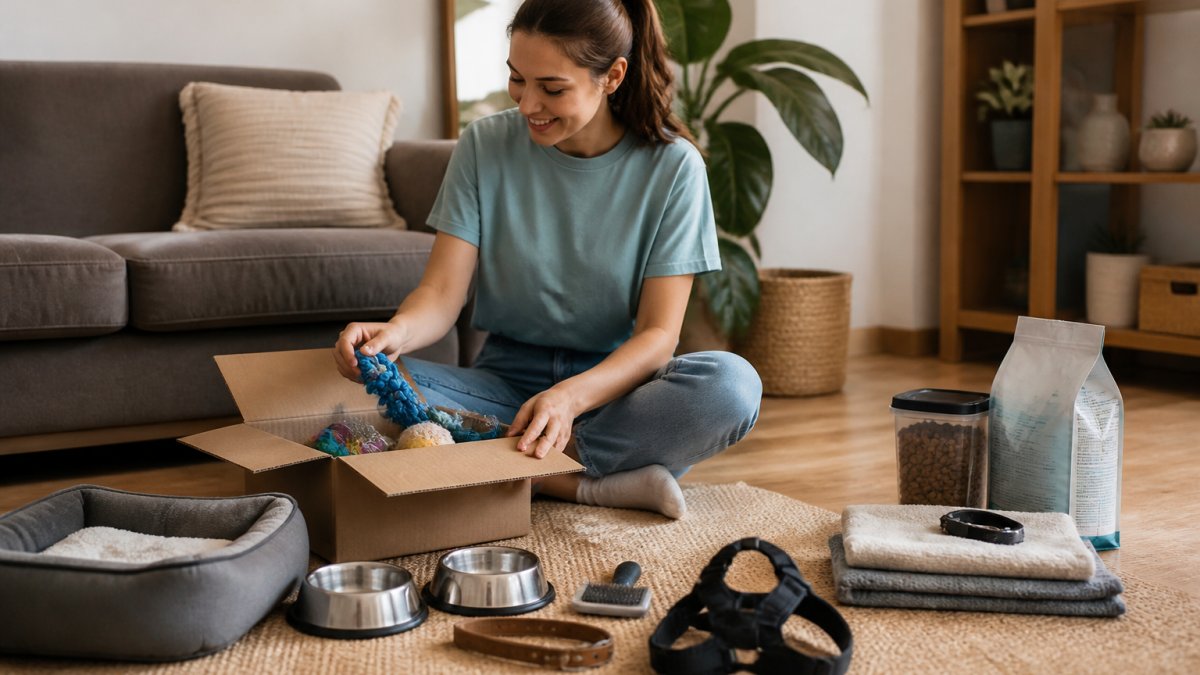 First-time dog owner unpacking and organizing new rescue dog supplies on a living room floor, with food bowls, toys, bed, and harness visible around them