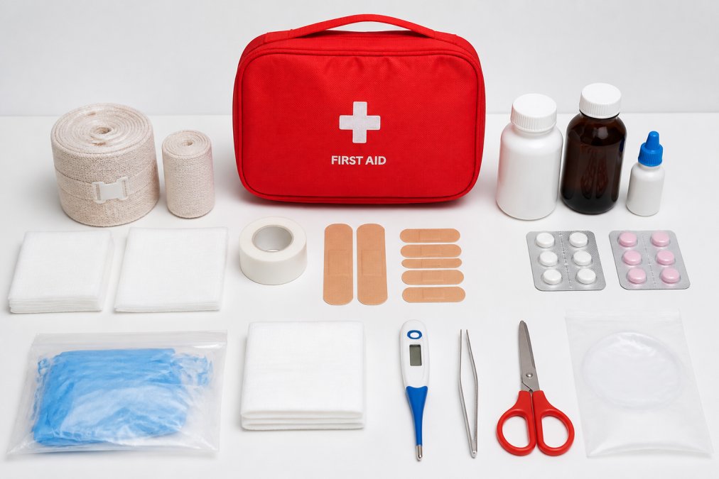 Organized first aid supplies laid out on a clean white surface: various sizes of bandages, gauze pads, medical tape, elastic bandages, bottles of antiseptic and pain reliever, antihistamine tablets, thermometer, tweezers, scissors, and a CPR face shield arranged in clear view with natural lighting