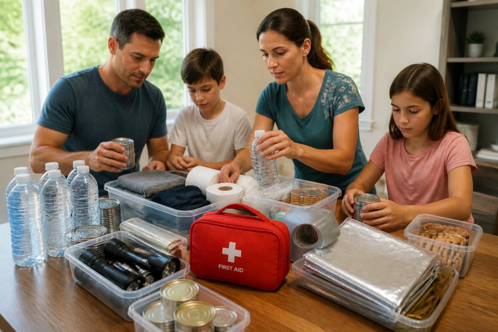 Family of four assembling an emergency preparedness kit at home, with water bottles, flashlights, batteries, thermal blankets, plastic sheeting, duct tape, canned goods, and medical supplies organized in clear plastic containers on a table with natural daylight from nearby windows