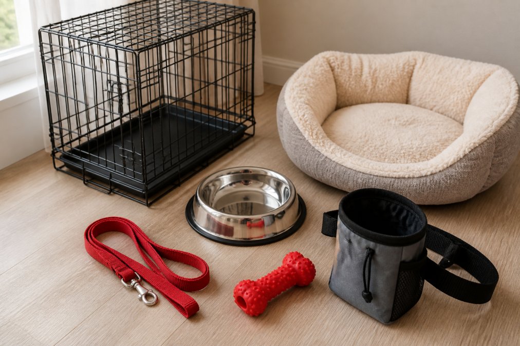 Flat lay of neatly arranged puppy supplies on a light wooden floor including a small wire crate, stainless steel food bowl, red leash, rubber chew toy, training treat pouch, and a round plush dog bed in soft morning light