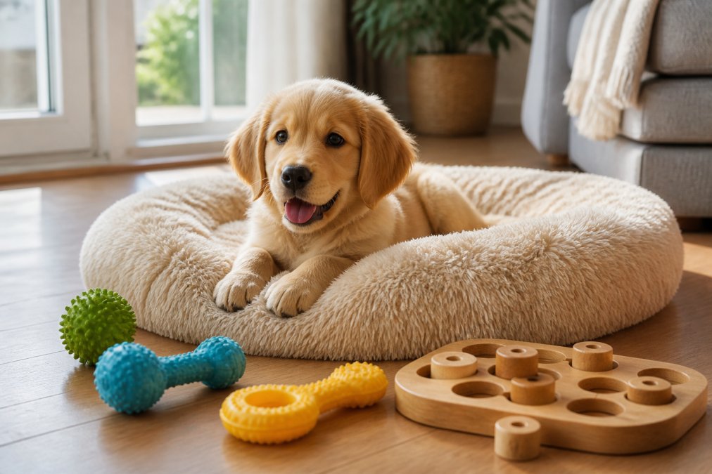 A young golden retriever puppy lying contentedly on a round plush dog bed, surrounded by rubber chew toys and a wooden puzzle enrichment toy, in a bright living room with afternoon sunlight coming through large windows