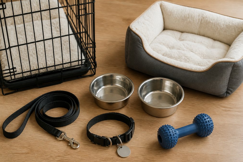 A flat lay of new puppy supplies arranged neatly on a light wooden floor: a small crate, stainless steel food and water bowls, a leash, a collar with a silver ID tag, a plush dog bed, and a rubber chew toy, photographed in warm natural daylight