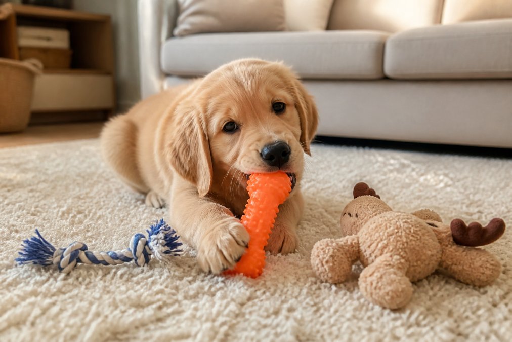 A young golden retriever puppy chewing on a bright orange non-toxic rubber teething toy on a cream-colored living room rug, with a rope toy and a plush squeaky toy scattered nearby in soft afternoon light