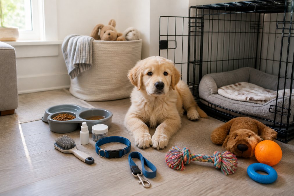 A new puppy nestled in a cozy home corner surrounded by essential supplies: food and water bowls, a crate with soft bedding, colorful toys, a collar and leash, grooming brush, and paw care items arranged on a light wooden floor with warm natural lighting