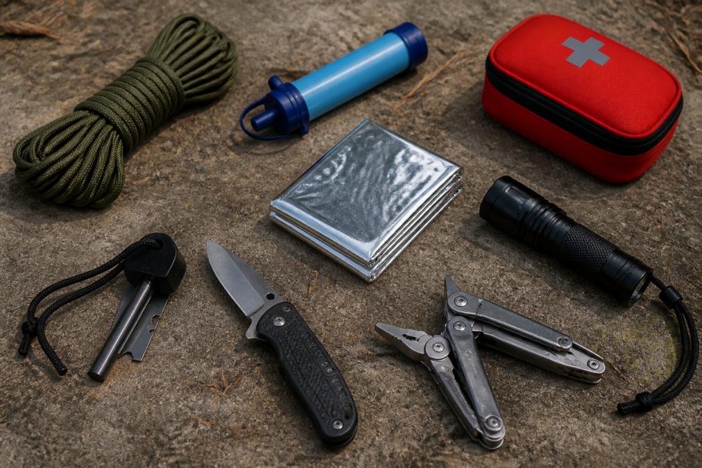 A well-organized survival kit laid out on a flat surface with paracord, water filter, fire starter, thermal blanket, flashlight, knife, first aid kit, and multi-tool arranged neatly in natural daylight