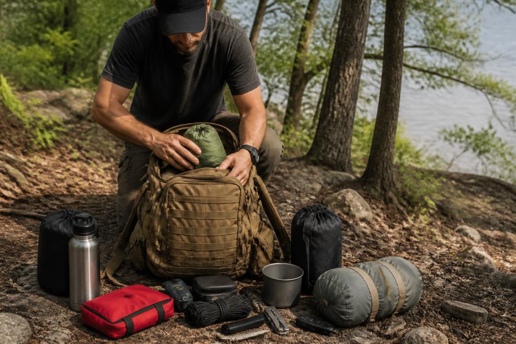 A person packing a tactical backpack outdoors, carefully arranging survival gear and supplies inside the bag with natural daylight