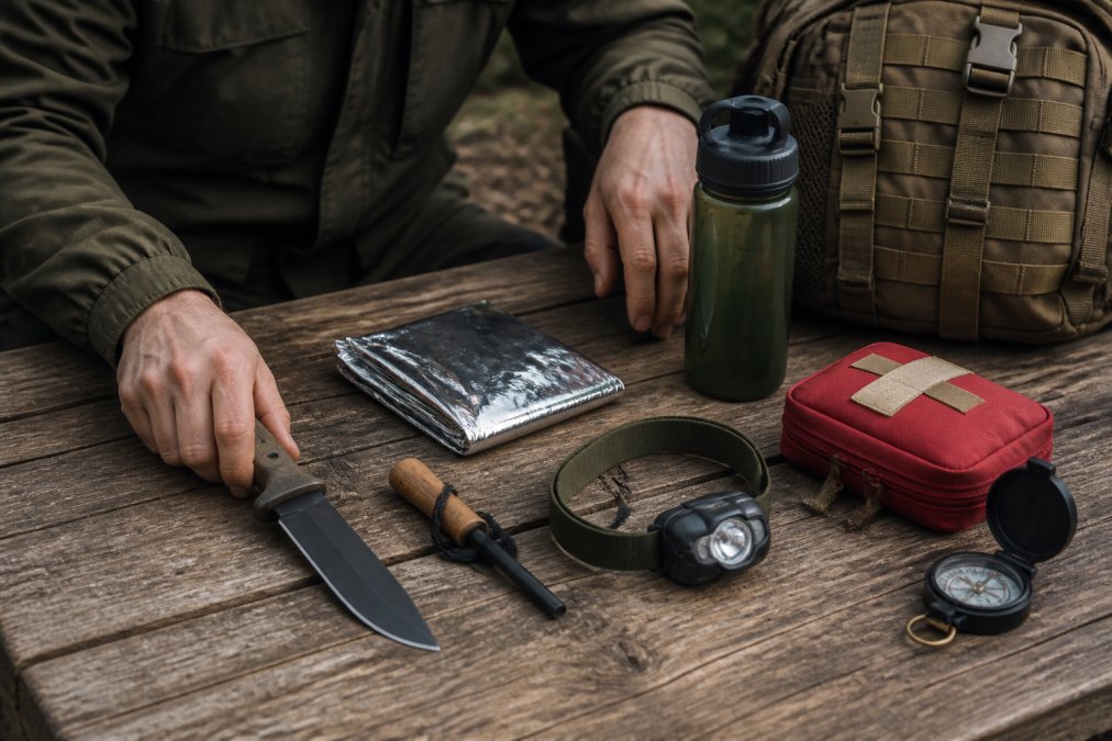 Infographic showing essential survival gear for beginners laid out on a wooden table for quick preparation.