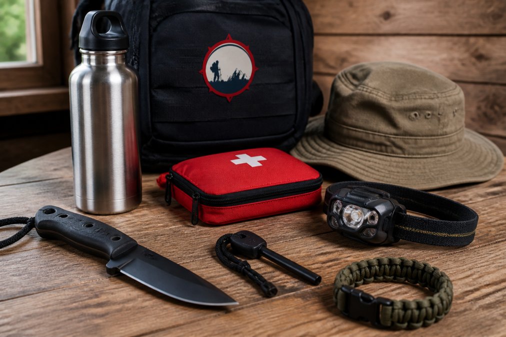 Flat lay infographic displaying essential survival gear for beginners including a knife, fire starter, and first aid kit.