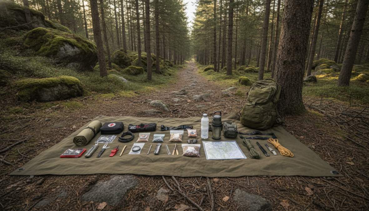Flat-lay overhead shot of essential survival gear items arranged neatly on neutral surface: coiled paracord, multi-tool, emergency blanket, LED headlamp, collapsible water pouch, fire starter, compass, and first aid kit