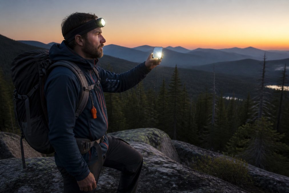 A hiker standing on a rocky outcrop at dusk, using a headlamp and holding a signaling mirror, with a whistle attached to their backpack strap, forest and distant mountains in the background