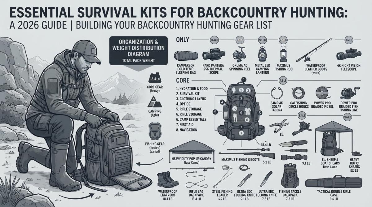 Professional illustration showing essential survival kits for backcountry hunting