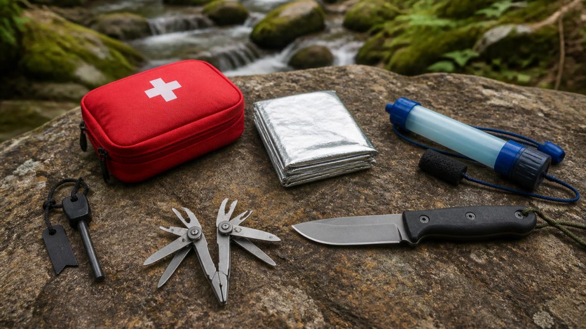 Overhead flat-lay arrangement of essential survival tools including ferro rod, multi-tool, water filter, emergency blanket, first aid kit, and knife on natural outdoor surface with forest background