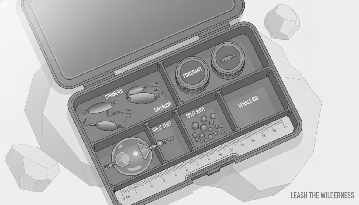 Close-up of a tackle box containing small spinners, PowerBait containers, split shot, and a clear plastic bubble rig, with a ruler showing scale, on a rocky surface