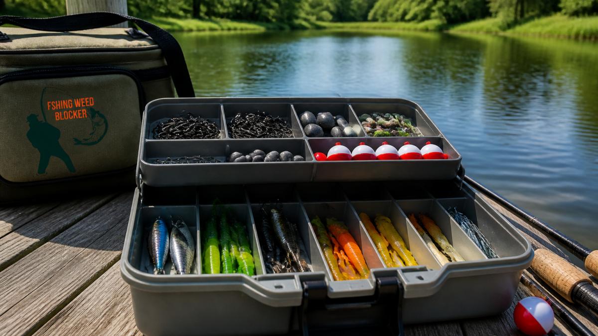 Open tackle box with hooks, sinkers, and colorful lures on a weathered dock overlooking a calm pond.