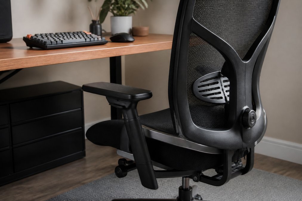 Ergonomic chair with lumbar support and tech accessories on a tidy wooden desk in a modern home office.