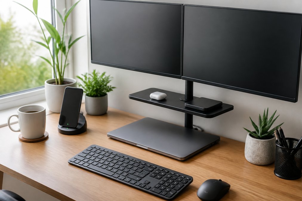 A tidy home office desk with a dual-monitor stand, wireless charger, and a laptop, natural light from a window, a coffee mug nearby