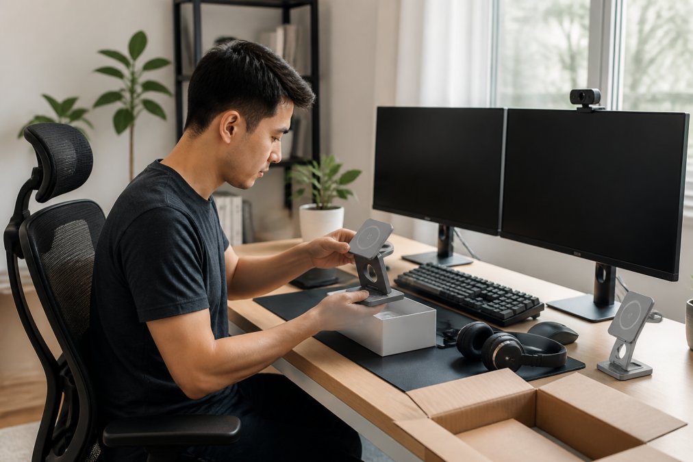 Professional remote worker seated at organized desk with ergonomic chair, dual monitors, webcam mounted on monitor, mechanical keyboard visible, headphones nearby, natural window lighting, plants in background, clean cable management