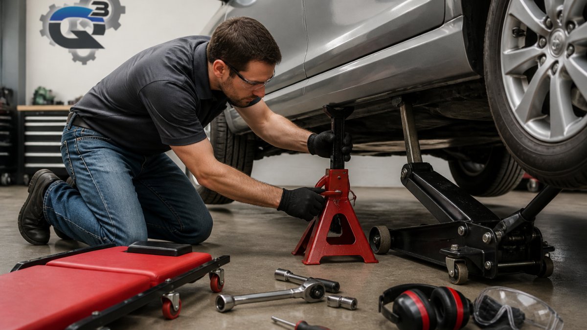 Person wearing safety gear positioning a jack stand under a car for DIY car maintenance in a home garage.