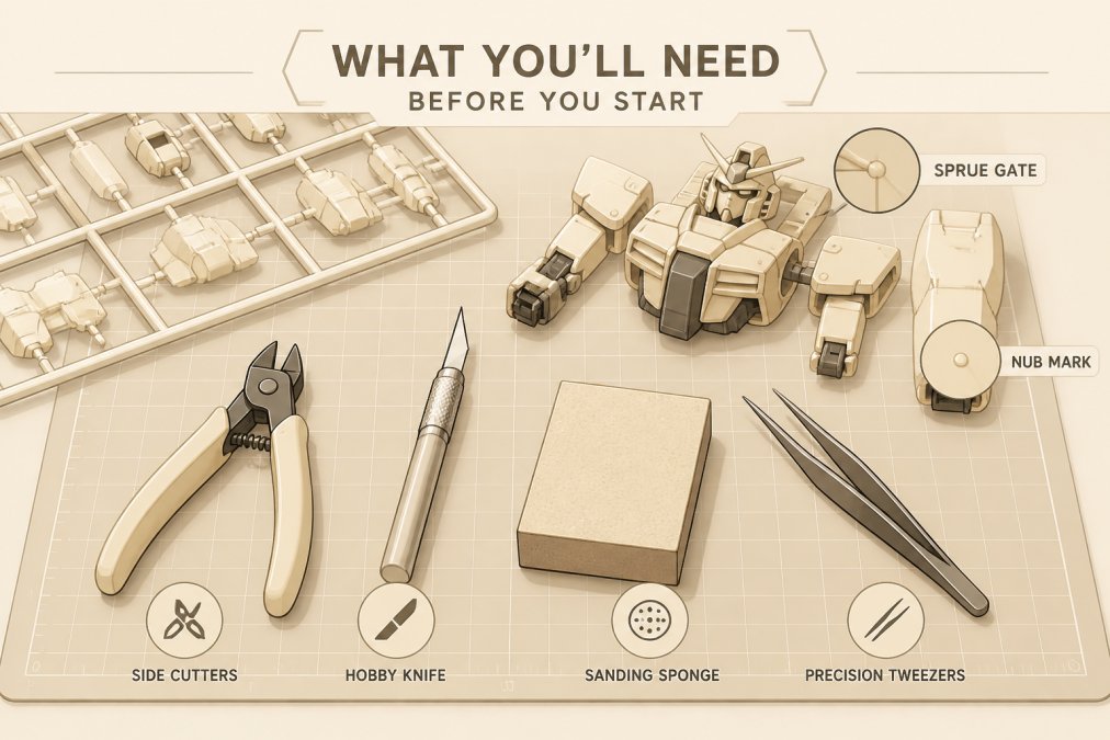 A flat lay of essential Gunpla building tools arranged on a workbench: side cutters and hobby knife positioned next to a sanding sponge and precision tweezers, with a partially assembled plastic model kit showing sprue gates and nub marks in the background, natural workshop lighting